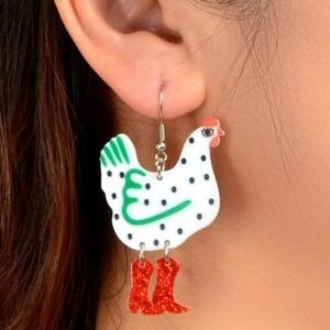 Chicken Wearing Glittered Red Boots 2" Dangle Earrings